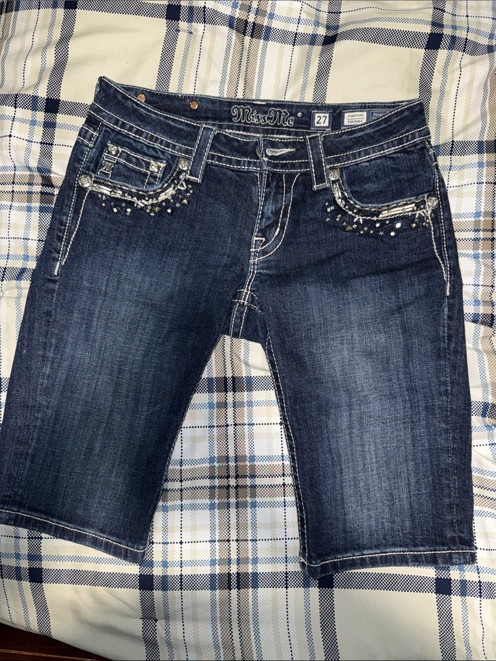 Miss Me Dark Blue Embellished Cropped Denim Shorts